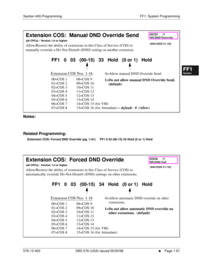 Page 123Section 400-Programming FF1: System Programming
576-13-400 DBS 576 (USA) issued 05/20/98
     l     Page 1-61
FF1System
FF2Tr u n k s
FF3Extensions
FF4FF-/Soft Keys
FF5Groups
FF6TRS/ARS
0   System
Configuration
FF7Appl ications
FF8Maintenance Introduction
Appe ndix  A
Appe ndix  B
FF1System
FF2Tr u n k s
FF3Extensions
FF4FF-/Soft Keys
FF5Groups
FF6TRS/ARS
0   System
Configuration
FF7Appli cations
FF8Maintenance Introduction
Appe ndix A
Appe ndix B
         
Notes:
Related Programming:
Extension COS:...