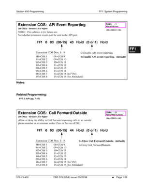 Page 131Section 400-Programming FF1: System Programming
576-13-400 DBS 576 (USA) issued 05/20/98
     l     Page 1-69
FF1System
FF2Tr u n k s
FF3Extensions
FF4FF-/Soft Keys
FF5Groups
FF6TRS/ARS
0   System
Configuration
FF7Appl ications
FF8Maintenance Introduction
Appe ndix  A
Appe ndix  B
FF1System
FF2Tr u n k s
FF3Extensions
FF4FF-/Soft Keys
FF5Groups
FF6TRS/ARS
0   System
Configuration
FF7Appli cations
FF8Maintenance Introduction
Appe ndix A
Appe ndix B
         
Notes:
Related Programming:
FF7 2: API (pg....