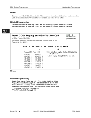 Page 140FF1: System Programming Section 400-Programming
Page 1-78
     l     DBS 576 (USA) issued 05/20/98 576-13-400
FF1System
FF2Tr u n k s
FF3Extensions
FF4FF-/Soft Keys
FF5Groups
FF6TRS/ARS
0   System
Configuration
FF7Appl ications
FF8Maintenance Introduction
Appe ndix  A
Appe ndix  B
FF1System
FF2Tr u n k s
FF3Extensions
FF4FF-/Soft Keys
FF5Groups
FF6TRS/ARS
0   System
Configuration
FF7Appli cations
FF8Maintenance Introduction
Appe ndix A
Appe ndix B
Notes:
There are two DID/DNIS tables available.  This...