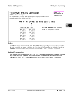 Page 141Section 400-Programming FF1: System Programming
576-13-400 DBS 576 (USA) issued 05/20/98
     l     Page 1-79
FF1System
FF2Tr u n k s
FF3Extensions
FF4FF-/Soft Keys
FF5Groups
FF6TRS/ARS
0   System
Configuration
FF7Appl ications
FF8Maintenance Introduction
Appe ndix  A
Appe ndix  B
FF1System
FF2Tr u n k s
FF3Extensions
FF4FF-/Soft Keys
FF5Groups
FF6TRS/ARS
0   System
Configuration
FF7Appli cations
FF8Maintenance Introduction
Appe ndix A
Appe ndix B
         
Notes:
MCO Trunk Group interaction with TRS....