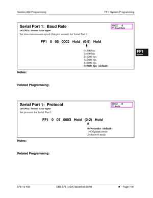 Page 143Section 400-Programming FF1: System Programming
576-13-400 DBS 576 (USA) issued 05/20/98
     l     Page 1-81
FF1System
FF2Tr u n k s
FF3Extensions
FF4FF-/Soft Keys
FF5Groups
FF6TRS/ARS
0   System
Configuration
FF7Appl ications
FF8Maintenance Introduction
Appe ndix  A
Appe ndix  B
FF1System
FF2Tr u n k s
FF3Extensions
FF4FF-/Soft Keys
FF5Groups
FF6TRS/ARS
0   System
Configuration
FF7Appli cations
FF8Maintenance Introduction
Appe ndix A
Appe ndix B
          
Notes:
Related Programming:
          
Notes:...