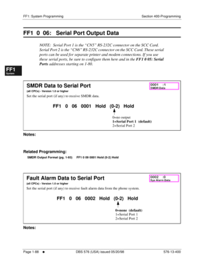 Page 150FF1: System Programming Section 400-Programming
Page 1-88
     l     DBS 576 (USA) issued 05/20/98 576-13-400
FF1System
FF2Tr u n k s
FF3Extensions
FF4FF-/Soft Keys
FF5Groups
FF6TRS/ARS
0   System
Configuration
FF7Appl ications
FF8Maintenance Introduction
Appe ndix  A
Appe ndix  B
FF1System
FF2Tr u n k s
FF3Extensions
FF4FF-/Soft Keys
FF5Groups
FF6TRS/ARS
0   System
Configuration
FF7Appli cations
FF8Maintenance Introduction
Appe ndix A
Appe ndix B
FF1  0  06:   Serial Port Output Data
NOTE:  Serial Port...