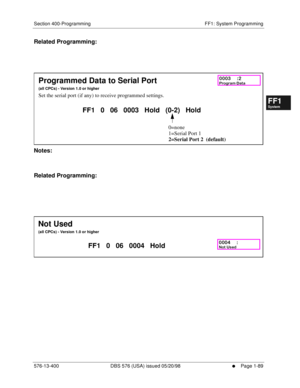 Page 151Section 400-Programming FF1: System Programming
576-13-400 DBS 576 (USA) issued 05/20/98
     l     Page 1-89
FF1System
FF2Tr u n k s
FF3Extensions
FF4FF-/Soft Keys
FF5Groups
FF6TRS/ARS
0   System
Configuration
FF7Appl ications
FF8Maintenance Introduction
Appe ndix  A
Appe ndix  B
FF1System
FF2Tr u n k s
FF3Extensions
FF4FF-/Soft Keys
FF5Groups
FF6TRS/ARS
0   System
Configuration
FF7Appli cations
FF8Maintenance Introduction
Appe ndix A
Appe ndix B
Related Programming:
         
Notes:
Related...