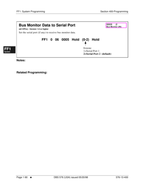 Page 152FF1: System Programming Section 400-Programming
Page 1-90
     l     DBS 576 (USA) issued 05/20/98 576-13-400
FF1System
FF2Tr u n k s
FF3Extensions
FF4FF-/Soft Keys
FF5Groups
FF6TRS/ARS
0   System
Configuration
FF7Appl ications
FF8Maintenance Introduction
Appe ndix  A
Appe ndix  B
FF1System
FF2Tr u n k s
FF3Extensions
FF4FF-/Soft Keys
FF5Groups
FF6TRS/ARS
0   System
Configuration
FF7Appli cations
FF8Maintenance Introduction
Appe ndix A
Appe ndix B
         
Notes:
Related Programming:
Bus Monitor Data to...