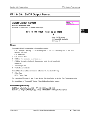 Page 155Section 400-Programming FF1: System Programming
576-13-400 DBS 576 (USA) issued 05/20/98
     l     Page 1-93
FF1System
FF2Tr u n k s
FF3Extensions
FF4FF-/Soft Keys
FF5Groups
FF6TRS/ARS
0   System
Configuration
FF7Appl ications
FF8Maintenance Introduction
Appe ndix  A
Appe ndix  B
FF1System
FF2Tr u n k s
FF3Extensions
FF4FF-/Soft Keys
FF5Groups
FF6TRS/ARS
0   System
Configuration
FF7Appli cations
FF8Maintenance Introduction
Appe ndix A
Appe ndix B
FF1  0  09:   SMDR Output Format
          
Notes:
Format...