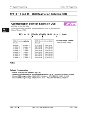 Page 156FF1: System Programming Section 400-Programming
Page 1-94
     l     DBS 576 (USA) issued 05/20/98 576-13-400
FF1System
FF2Tr u n k s
FF3Extensions
FF4FF-/Soft Keys
FF5Groups
FF6TRS/ARS
0   System
Configuration
FF7Appl ications
FF8Maintenance Introduction
Appe ndix  A
Appe ndix  B
FF1System
FF2Tr u n k s
FF3Extensions
FF4FF-/Soft Keys
FF5Groups
FF6TRS/ARS
0   System
Configuration
FF7Appli cations
FF8Maintenance Introduction
Appe ndix A
Appe ndix B
FF1  0  10 and 11:   Call Restriction Between COS...