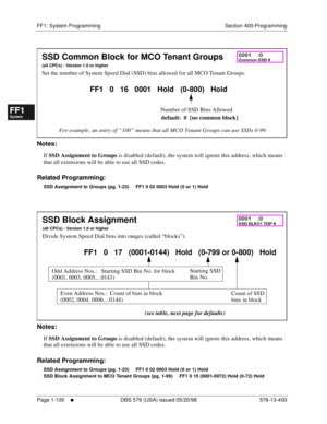 Page 162FF1: System Programming Section 400-Programming
Page 1-100
     l     DBS 576 (USA) issued 05/20/98 576-13-400
FF1System
FF2Tr u n k s
FF3Extensions
FF4FF-/Soft Keys
FF5Groups
FF6TRS/ARS
0   System
Configuration
FF7Appl ications
FF8Maintenance Introduction
Appe ndix  A
Appe ndix  B
FF1System
FF2Tr u n k s
FF3Extensions
FF4FF-/Soft Keys
FF5Groups
FF6TRS/ARS
0   System
Configuration
FF7Appli cations
FF8Maintenance Introduction
Appe ndix A
Appe ndix B
         
Notes:
If 
SSD Assignment to Groups is...