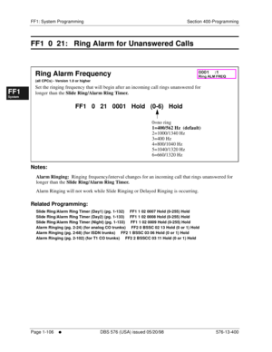 Page 168FF1: System Programming Section 400-Programming
Page 1-106
     l     DBS 576 (USA) issued 05/20/98 576-13-400
FF1System
FF2Tr u n k s
FF3Extensions
FF4FF-/Soft Keys
FF5Groups
FF6TRS/ARS
0   System
Configuration
FF7Appl ications
FF8Maintenance Introduction
Appe ndix  A
Appe ndix  B
FF1System
FF2Tr u n k s
FF3Extensions
FF4FF-/Soft Keys
FF5Groups
FF6TRS/ARS
0   System
Configuration
FF7Appli cations
FF8Maintenance Introduction
Appe ndix A
Appe ndix B
FF1  0  21:   Ring Alarm for Unanswered Calls...