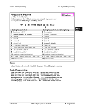 Page 169Section 400-Programming FF1: System Programming
576-13-400 DBS 576 (USA) issued 05/20/98
     l     Page 1-107
FF1System
FF2Tr u n k s
FF3Extensions
FF4FF-/Soft Keys
FF5Groups
FF6TRS/ARS
0   System
Configuration
FF7Appl ications
FF8Maintenance Introduction
Appe ndix  A
Appe ndix  B
FF1System
FF2Tr u n k s
FF3Extensions
FF4FF-/Soft Keys
FF5Groups
FF6TRS/ARS
0   System
Configuration
FF7Appli cations
FF8Maintenance Introduction
Appe ndix A
Appe ndix B
         
Notes:
Alarm Ringing will not work while Slide...