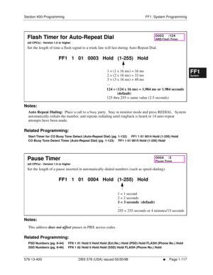 Page 179Section 400-Programming FF1: System Programming
576-13-400 DBS 576 (USA) issued 05/20/98
     l     Page 1-117
FF1System
FF2Tr u n k s
FF3Extensions
FF4FF-/Soft Keys
FF5Groups
FF6TRS/ARS
0   System
Configuration
FF7Appl ications
FF8Maintenance Introduction
Appe ndix  A
Appe ndix  B
FF1System
FF2Tr u n k s
FF3Extensions
FF4FF-/Soft Keys
FF5Groups
FF6TRS/ARS
0   System
Configuration
FF7Appli cations
FF8Maintenance Introduction
Appe ndix A
Appe ndix B
         
Notes:
Auto Repeat Dialing:  Place a call to a...