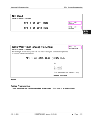 Page 183Section 400-Programming FF1: System Programming
576-13-400 DBS 576 (USA) issued 05/20/98
     l     Page 1-121
FF1System
FF2Tr u n k s
FF3Extensions
FF4FF-/Soft Keys
FF5Groups
FF6TRS/ARS
0   System
Configuration
FF7Appl ications
FF8Maintenance Introduction
Appe ndix  A
Appe ndix  B
FF1System
FF2Tr u n k s
FF3Extensions
FF4FF-/Soft Keys
FF5Groups
FF6TRS/ARS
0   System
Configuration
FF7Appli cations
FF8Maintenance Introduction
Appe ndix A
Appe ndix B
       
         
Notes:
Related Programming:
Trunk...