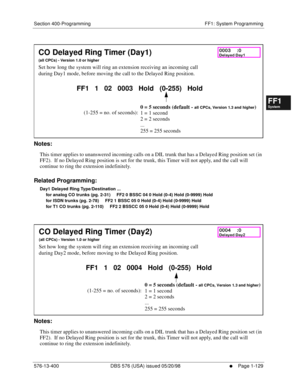 Page 191Section 400-Programming FF1: System Programming
576-13-400 DBS 576 (USA) issued 05/20/98
     l     Page 1-129
FF1System
FF2Tr u n k s
FF3Extensions
FF4FF-/Soft Keys
FF5Groups
FF6TRS/ARS
0   System
Configuration
FF7Appl ications
FF8Maintenance Introduction
Appe ndix  A
Appe ndix  B
FF1System
FF2Tr u n k s
FF3Extensions
FF4FF-/Soft Keys
FF5Groups
FF6TRS/ARS
0   System
Configuration
FF7Appli cations
FF8Maintenance Introduction
Appe ndix A
Appe ndix B
        
Notes:
This timer applies to unanswered...