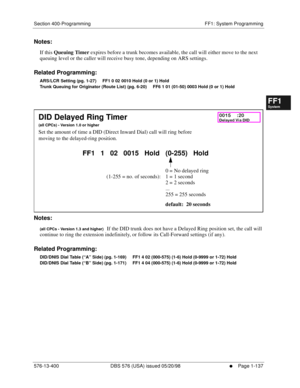 Page 199Section 400-Programming FF1: System Programming
576-13-400 DBS 576 (USA) issued 05/20/98
     l     Page 1-137
FF1System
FF2Tr u n k s
FF3Extensions
FF4FF-/Soft Keys
FF5Groups
FF6TRS/ARS
0   System
Configuration
FF7Appl ications
FF8Maintenance Introduction
Appe ndix  A
Appe ndix  B
FF1System
FF2Tr u n k s
FF3Extensions
FF4FF-/Soft Keys
FF5Groups
FF6TRS/ARS
0   System
Configuration
FF7Appli cations
FF8Maintenance Introduction
Appe ndix A
Appe ndix B
Notes:
If this Queuing Timer expires before a trunk...