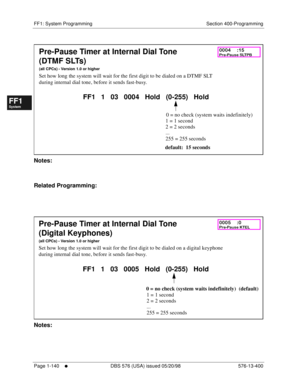 Page 202FF1: System Programming Section 400-Programming
Page 1-140
     l     DBS 576 (USA) issued 05/20/98 576-13-400
FF1System
FF2Tr u n k s
FF3Extensions
FF4FF-/Soft Keys
FF5Groups
FF6TRS/ARS
0   System
Configuration
FF7Appl ications
FF8Maintenance Introduction
Appe ndix  A
Appe ndix  B
FF1System
FF2Tr u n k s
FF3Extensions
FF4FF-/Soft Keys
FF5Groups
FF6TRS/ARS
0   System
Configuration
FF7Appli cations
FF8Maintenance Introduction
Appe ndix A
Appe ndix B
             
Notes:
Related Programming:...