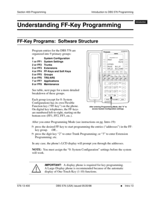 Page 23Section 400-Programming Introduction to DBS 576 Programming
576-13-400 DBS 576 (USA) issued 05/20/98
     l     Intro-13
FF1System
FF2Tr u n k s
FF3Extensions
FF4FF-/Soft Keys
FF5Groups
FF6TRS/ARS
0   System
Configuration
FF7Appl ications
FF8Maintenance
Introduction
Appe ndix  A
Appe ndix  B
FF1System
FF2Tr u n k s
FF3Extensions
FF4FF-/Soft Keys
FF5Groups
FF6TRS/ARS
0   System
Configuration
FF7Appli cations
FF8Maintenance Introduction
Appe ndix A
Appe ndix B
Understanding FF-Key Programming  
FF-Key...