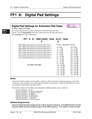 Page 238FF1: System Programming Section 400-Programming
Page 1-176
     l     DBS 576 (USA) issued 05/20/98 576-13-400
FF1System
FF2Tr u n k s
FF3Extensions
FF4FF-/Soft Keys
FF5Groups
FF6TRS/ARS
0   System
Configuration
FF7Appl ications
FF8Maintenance Introduction
Appe ndix  A
Appe ndix  B
FF1System
FF2Tr u n k s
FF3Extensions
FF4FF-/Soft Keys
FF5Groups
FF6TRS/ARS
0   System
Configuration
FF7Appli cations
FF8Maintenance Introduction
Appe ndix A
Appe ndix B
FF1  8:   Digital Pad Settings
         
Notes:
Adjust...