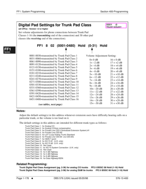 Page 240FF1: System Programming Section 400-Programming
Page 1-178
     l     DBS 576 (USA) issued 05/20/98 576-13-400
FF1System
FF2Tr u n k s
FF3Extensions
FF4FF-/Soft Keys
FF5Groups
FF6TRS/ARS
0   System
Configuration
FF7Appl ications
FF8Maintenance Introduction
Appe ndix  A
Appe ndix  B
FF1System
FF2Tr u n k s
FF3Extensions
FF4FF-/Soft Keys
FF5Groups
FF6TRS/ARS
0   System
Configuration
FF7Appli cations
FF8Maintenance Introduction
Appe ndix A
Appe ndix B
         
Notes:
Adjust the default setting(s) in this...