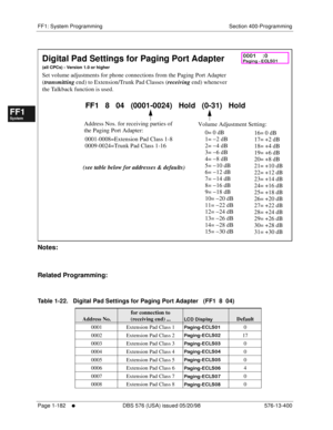 Page 244FF1: System Programming Section 400-Programming
Page 1-182
     l     DBS 576 (USA) issued 05/20/98 576-13-400
FF1System
FF2Tr u n k s
FF3Extensions
FF4FF-/Soft Keys
FF5Groups
FF6TRS/ARS
0   System
Configuration
FF7Appl ications
FF8Maintenance Introduction
Appe ndix  A
Appe ndix  B
FF1System
FF2Tr u n k s
FF3Extensions
FF4FF-/Soft Keys
FF5Groups
FF6TRS/ARS
0   System
Configuration
FF7Appli cations
FF8Maintenance Introduction
Appe ndix A
Appe ndix B
         
Notes:
Related Programming:
Table 1-22....