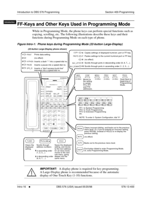 Page 26Introduction to DBS 576 Programming Section 400-Programming
Intro-16
     l     DBS 576 (USA) issued 05/20/98 576-13-400
FF1System
FF2Tr u n k s
FF3Extensions
FF4FF-/Soft Keys
FF5Groups
FF6TRS/ARS
0   System
Configuration
FF7Appl ications
FF8Maintenance Introduction
Appe ndix  A
Appe ndix  B
FF1System
FF2Tr u n k s
FF3Extensions
FF4FF-/Soft Keys
FF5Groups
FF6TRS/ARS
0   System
Configuration
FF7Appli cations
FF8Maintenance
Introduction
Appe ndix A
Appe ndix B
FF-Keys and Other Keys Used in Programming...
