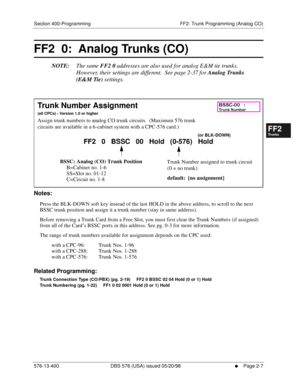 Page 255Section 400-Programming FF2: Trunk Programming (Analog CO)
576-13-400 DBS 576 (USA) issued 05/20/98
     l     Page 2-7
FF1System
FF2Tr u n k s
FF3Extensions
FF4FF-/Soft Keys
FF5Groups
FF6TRS/ARS
0   System
Configuration
FF7Appl ications
FF8Maintenance Introduction
Appe ndix  A
Appe ndix  B
FF1System
FF2Tr u n k s
FF3Extensions
FF4FF-/Soft Keys
FF5Groups
FF6TRS/ARS
0   System
Configuration
FF7Appli cations
FF8Maintenance Introduction
Appe ndix A
Appe ndix B
FF2  0:  Analog Trunks (CO)

NOTE:The same FF2...