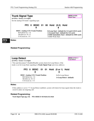 Page 256FF2: Trunk Programming (Analog CO) Section 400-Programming
Page 2-8
     l     DBS 576 (USA) issued 05/20/98 576-13-400
FF1System
FF2Tr u n k s
FF3Extensions
FF4FF-/Soft Keys
FF5Groups
FF6TRS/ARS
0   System
Configuration
FF7Appl ications
FF8Maintenance Introduction
Appe ndix  A
Appe ndix  B
FF1System
FF2Tr u n k s
FF3Extensions
FF4FF-/Soft Keys
FF5Groups
FF6TRS/ARS
0   System
Configuration
FF7Appli cations
FF8Maintenance Introduction
Appe ndix A
Appe ndix B
         
Notes:  
Related Programming:...