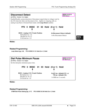 Page 257Section 400-Programming FF2: Trunk Programming (Analog CO)
576-13-400 DBS 576 (USA) issued 05/20/98
     l     Page 2-9
FF1System
FF2Tr u n k s
FF3Extensions
FF4FF-/Soft Keys
FF5Groups
FF6TRS/ARS
0   System
Configuration
FF7Appl ications
FF8Maintenance Introduction
Appe ndix  A
Appe ndix  B
FF1System
FF2Tr u n k s
FF3Extensions
FF4FF-/Soft Keys
FF5Groups
FF6TRS/ARS
0   System
Configuration
FF7Appli cations
FF8Maintenance Introduction
Appe ndix A
Appe ndix B
         
Notes:
Related Programming:
Loop...