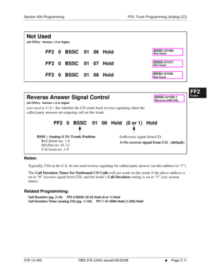 Page 259Section 400-Programming FF2: Trunk Programming (Analog CO)
576-13-400 DBS 576 (USA) issued 05/20/98
     l     Page 2-11
FF1System
FF2Tr u n k s
FF3Extensions
FF4FF-/Soft Keys
FF5Groups
FF6TRS/ARS
0   System
Configuration
FF7Appl ications
FF8Maintenance Introduction
Appe ndix  A
Appe ndix  B
FF1System
FF2Tr u n k s
FF3Extensions
FF4FF-/Soft Keys
FF5Groups
FF6TRS/ARS
0   System
Configuration
FF7Appli cations
FF8Maintenance Introduction
Appe ndix A
Appe ndix B
       
          
Notes:   
Typically, COs in...