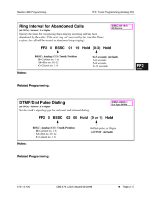 Page 265Section 400-Programming FF2: Trunk Programming (Analog CO)
576-13-400 DBS 576 (USA) issued 05/20/98
     l     Page 2-17
FF1System
FF2Tr u n k s
FF3Extensions
FF4FF-/Soft Keys
FF5Groups
FF6TRS/ARS
0   System
Configuration
FF7Appl ications
FF8Maintenance Introduction
Appe ndix  A
Appe ndix  B
FF1System
FF2Tr u n k s
FF3Extensions
FF4FF-/Soft Keys
FF5Groups
FF6TRS/ARS
0   System
Configuration
FF7Appli cations
FF8Maintenance Introduction
Appe ndix A
Appe ndix B
       
Notes:
Related Programming:...