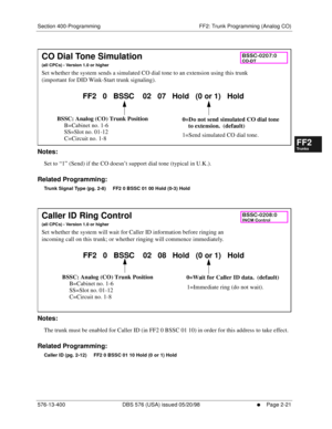 Page 269Section 400-Programming FF2: Trunk Programming (Analog CO)
576-13-400 DBS 576 (USA) issued 05/20/98
     l     Page 2-21
FF1System
FF2Tr u n k s
FF3Extensions
FF4FF-/Soft Keys
FF5Groups
FF6TRS/ARS
0   System
Configuration
FF7Appl ications
FF8Maintenance Introduction
Appe ndix  A
Appe ndix  B
FF1System
FF2Tr u n k s
FF3Extensions
FF4FF-/Soft Keys
FF5Groups
FF6TRS/ARS
0   System
Configuration
FF7Appli cations
FF8Maintenance Introduction
Appe ndix A
Appe ndix B
        
Notes:
Set to “1” (Send) if the CO...