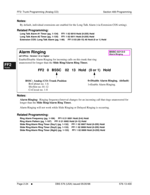 Page 272FF2: Trunk Programming (Analog CO) Section 400-Programming
Page 2-24
     l     DBS 576 (USA) issued 05/20/98 576-13-400
FF1System
FF2Tr u n k s
FF3Extensions
FF4FF-/Soft Keys
FF5Groups
FF6TRS/ARS
0   System
Configuration
FF7Appl ications
FF8Maintenance Introduction
Appe ndix  A
Appe ndix  B
FF1System
FF2Tr u n k s
FF3Extensions
FF4FF-/Soft Keys
FF5Groups
FF6TRS/ARS
0   System
Configuration
FF7Appli cations
FF8Maintenance Introduction
Appe ndix A
Appe ndix B
Notes:
By default, individual extensions are...