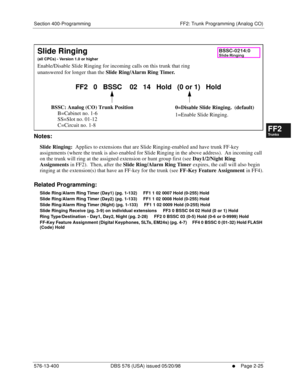 Page 273Section 400-Programming FF2: Trunk Programming (Analog CO)
576-13-400 DBS 576 (USA) issued 05/20/98
     l     Page 2-25
FF1System
FF2Tr u n k s
FF3Extensions
FF4FF-/Soft Keys
FF5Groups
FF6TRS/ARS
0   System
Configuration
FF7Appl ications
FF8Maintenance Introduction
Appe ndix  A
Appe ndix  B
FF1System
FF2Tr u n k s
FF3Extensions
FF4FF-/Soft Keys
FF5Groups
FF6TRS/ARS
0   System
Configuration
FF7Appli cations
FF8Maintenance Introduction
Appe ndix A
Appe ndix B
        
Notes:
Slide Ringing:  Applies to...