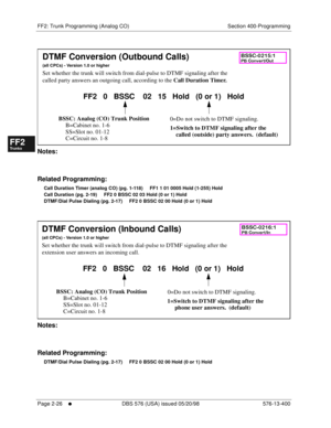 Page 274FF2: Trunk Programming (Analog CO) Section 400-Programming
Page 2-26
     l     DBS 576 (USA) issued 05/20/98 576-13-400
FF1System
FF2Tr u n k s
FF3Extensions
FF4FF-/Soft Keys
FF5Groups
FF6TRS/ARS
0   System
Configuration
FF7Appl ications
FF8Maintenance Introduction
Appe ndix  A
Appe ndix  B
FF1System
FF2Tr u n k s
FF3Extensions
FF4FF-/Soft Keys
FF5Groups
FF6TRS/ARS
0   System
Configuration
FF7Appli cations
FF8Maintenance Introduction
Appe ndix A
Appe ndix B
        
Notes:
Related Programming:
Call...