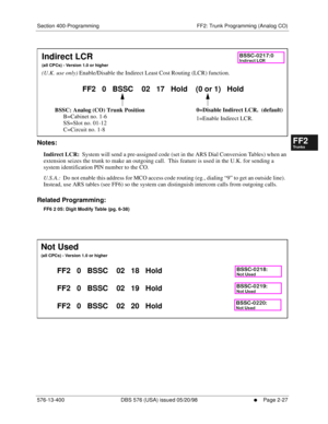 Page 275Section 400-Programming FF2: Trunk Programming (Analog CO)
576-13-400 DBS 576 (USA) issued 05/20/98
     l     Page 2-27
FF1System
FF2Tr u n k s
FF3Extensions
FF4FF-/Soft Keys
FF5Groups
FF6TRS/ARS
0   System
Configuration
FF7Appl ications
FF8Maintenance Introduction
Appe ndix  A
Appe ndix  B
FF1System
FF2Tr u n k s
FF3Extensions
FF4FF-/Soft Keys
FF5Groups
FF6TRS/ARS
0   System
Configuration
FF7Appli cations
FF8Maintenance Introduction
Appe ndix A
Appe ndix B
        
Notes:
Indirect LCR:  System will...