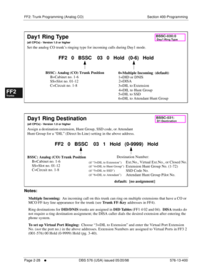 Page 276FF2: Trunk Programming (Analog CO) Section 400-Programming
Page 2-28
     l     DBS 576 (USA) issued 05/20/98 576-13-400
FF1System
FF2Tr u n k s
FF3Extensions
FF4FF-/Soft Keys
FF5Groups
FF6TRS/ARS
0   System
Configuration
FF7Appl ications
FF8Maintenance Introduction
Appe ndix  A
Appe ndix  B
FF1System
FF2Tr u n k s
FF3Extensions
FF4FF-/Soft Keys
FF5Groups
FF6TRS/ARS
0   System
Configuration
FF7Appli cations
FF8Maintenance Introduction
Appe ndix A
Appe ndix B
                 
       
Notes:
Multiple...