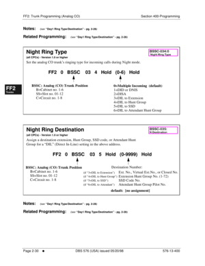 Page 278FF2: Trunk Programming (Analog CO) Section 400-Programming
Page 2-30
     l     DBS 576 (USA) issued 05/20/98 576-13-400
FF1System
FF2Tr u n k s
FF3Extensions
FF4FF-/Soft Keys
FF5Groups
FF6TRS/ARS
0   System
Configuration
FF7Appl ications
FF8Maintenance Introduction
Appe ndix  A
Appe ndix  B
FF1System
FF2Tr u n k s
FF3Extensions
FF4FF-/Soft Keys
FF5Groups
FF6TRS/ARS
0   System
Configuration
FF7Appli cations
FF8Maintenance Introduction
Appe ndix A
Appe ndix B
Notes:    (see “Day1 Ring Type/Destination” -...