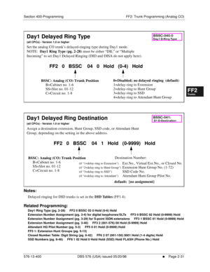 Page 279Section 400-Programming FF2: Trunk Programming (Analog CO)
576-13-400 DBS 576 (USA) issued 05/20/98
     l     Page 2-31
FF1System
FF2Tr u n k s
FF3Extensions
FF4FF-/Soft Keys
FF5Groups
FF6TRS/ARS
0   System
Configuration
FF7Appl ications
FF8Maintenance Introduction
Appe ndix  A
Appe ndix  B
FF1System
FF2Tr u n k s
FF3Extensions
FF4FF-/Soft Keys
FF5Groups
FF6TRS/ARS
0   System
Configuration
FF7Appli cations
FF8Maintenance Introduction
Appe ndix A
Appe ndix B
              
         
Notes:
Delayed...