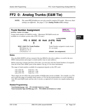 Page 285Section 400-Programming FF2: Trunk Programming (Analog E&M Tie)
576-13-400 DBS 576 (USA) issued 05/20/98
     l     Page 2-37
FF1System
FF2Tr u n k s
FF3Extensions
FF4FF-/Soft Keys
FF5Groups
FF6TRS/ARS
0   System
Configuration
FF7Appl ications
FF8Maintenance Introduction
Appe ndix  A
Appe ndix  B
FF1System
FF2Tr u n k s
FF3Extensions
FF4FF-/Soft Keys
FF5Groups
FF6TRS/ARS
0   System
Configuration
FF7Appli cations
FF8Maintenance Introduction
Appe ndix A
Appe ndix B
2.  
FF2  0:  Analog Trunks (E&M Tie)...