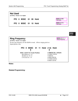 Page 289Section 400-Programming FF2: Trunk Programming (Analog E&M Tie)
576-13-400 DBS 576 (USA) issued 05/20/98
     l     Page 2-41
FF1System
FF2Tr u n k s
FF3Extensions
FF4FF-/Soft Keys
FF5Groups
FF6TRS/ARS
0   System
Configuration
FF7Appl ications
FF8Maintenance Introduction
Appe ndix  A
Appe ndix  B
FF1System
FF2Tr u n k s
FF3Extensions
FF4FF-/Soft Keys
FF5Groups
FF6TRS/ARS
0   System
Configuration
FF7Appli cations
FF8Maintenance Introduction
Appe ndix A
Appe ndix B
         
        
Notes:
Related...