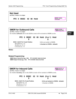 Page 297Section 400-Programming FF2: Trunk Programming (Analog E&M Tie)
576-13-400 DBS 576 (USA) issued 05/20/98
     l     Page 2-49
FF1System
FF2Tr u n k s
FF3Extensions
FF4FF-/Soft Keys
FF5Groups
FF6TRS/ARS
0   System
Configuration
FF7Appl ications
FF8Maintenance Introduction
Appe ndix  A
Appe ndix  B
FF1System
FF2Tr u n k s
FF3Extensions
FF4FF-/Soft Keys
FF5Groups
FF6TRS/ARS
0   System
Configuration
FF7Appli cations
FF8Maintenance Introduction
Appe ndix A
Appe ndix B
      
        
Notes:
Related...