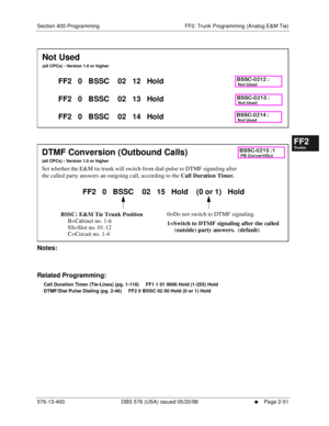 Page 299Section 400-Programming FF2: Trunk Programming (Analog E&M Tie)
576-13-400 DBS 576 (USA) issued 05/20/98
     l     Page 2-51
FF1System
FF2Tr u n k s
FF3Extensions
FF4FF-/Soft Keys
FF5Groups
FF6TRS/ARS
0   System
Configuration
FF7Appl ications
FF8Maintenance Introduction
Appe ndix  A
Appe ndix  B
FF1System
FF2Tr u n k s
FF3Extensions
FF4FF-/Soft Keys
FF5Groups
FF6TRS/ARS
0   System
Configuration
FF7Appli cations
FF8Maintenance Introduction
Appe ndix A
Appe ndix B
      
        
Notes:
Related...