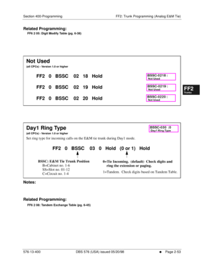 Page 301Section 400-Programming FF2: Trunk Programming (Analog E&M Tie)
576-13-400 DBS 576 (USA) issued 05/20/98
     l     Page 2-53
FF1System
FF2Tr u n k s
FF3Extensions
FF4FF-/Soft Keys
FF5Groups
FF6TRS/ARS
0   System
Configuration
FF7Appl ications
FF8Maintenance Introduction
Appe ndix  A
Appe ndix  B
FF1System
FF2Tr u n k s
FF3Extensions
FF4FF-/Soft Keys
FF5Groups
FF6TRS/ARS
0   System
Configuration
FF7Appli cations
FF8Maintenance Introduction
Appe ndix A
Appe ndix B
Related Programming:
FF6 2 05: Digit...