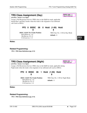 Page 305Section 400-Programming FF2: Trunk Programming (Analog E&M Tie)
576-13-400 DBS 576 (USA) issued 05/20/98
     l     Page 2-57
FF1System
FF2Tr u n k s
FF3Extensions
FF4FF-/Soft Keys
FF5Groups
FF6TRS/ARS
0   System
Configuration
FF7Appl ications
FF8Maintenance Introduction
Appe ndix  A
Appe ndix  B
FF1System
FF2Tr u n k s
FF3Extensions
FF4FF-/Soft Keys
FF5Groups
FF6TRS/ARS
0   System
Configuration
FF7Appli cations
FF8Maintenance Introduction
Appe ndix A
Appe ndix B
         
Notes:
Related Programming:
FF6...