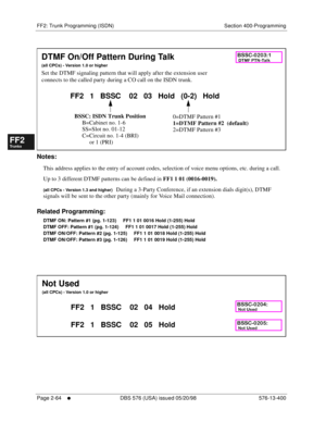 Page 312FF2: Trunk Programming (ISDN) Section 400-Programming
Page 2-64
     l     DBS 576 (USA) issued 05/20/98 576-13-400
FF1System
FF2Tr u n k s
FF3Extensions
FF4FF-/Soft Keys
FF5Groups
FF6TRS/ARS
0   System
Configuration
FF7Appl ications
FF8Maintenance Introduction
Appe ndix  A
Appe ndix  B
FF1System
FF2Tr u n k s
FF3Extensions
FF4FF-/Soft Keys
FF5Groups
FF6TRS/ARS
0   System
Configuration
FF7Appli cations
FF8Maintenance Introduction
Appe ndix A
Appe ndix B
        
Notes:
This address applies to the entry...