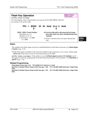 Page 315Section 400-Programming FF2: Trunk Programming (ISDN)
576-13-400 DBS 576 (USA) issued 05/20/98
     l     Page 2-67
FF1System
FF2Tr u n k s
FF3Extensions
FF4FF-/Soft Keys
FF5Groups
FF6TRS/ARS
0   System
Configuration
FF7Appl ications
FF8Maintenance Introduction
Appe ndix  A
Appe ndix  B
FF1System
FF2Tr u n k s
FF3Extensions
FF4FF-/Soft Keys
FF5Groups
FF6TRS/ARS
0   System
Configuration
FF7Appli cations
FF8Maintenance Introduction
Appe ndix A
Appe ndix B
        
Notes:
The sending of the flash signal can...