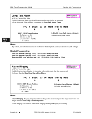 Page 316FF2: Trunk Programming (ISDN) Section 400-Programming
Page 2-68
     l     DBS 576 (USA) issued 05/20/98 576-13-400
FF1System
FF2Tr u n k s
FF3Extensions
FF4FF-/Soft Keys
FF5Groups
FF6TRS/ARS
0   System
Configuration
FF7Appl ications
FF8Maintenance Introduction
Appe ndix  A
Appe ndix  B
FF1System
FF2Tr u n k s
FF3Extensions
FF4FF-/Soft Keys
FF5Groups
FF6TRS/ARS
0   System
Configuration
FF7Appli cations
FF8Maintenance Introduction
Appe ndix A
Appe ndix B
        
Notes:
By default, individual extensions...