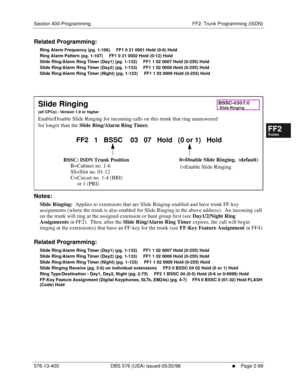 Page 317Section 400-Programming FF2: Trunk Programming (ISDN)
576-13-400 DBS 576 (USA) issued 05/20/98
     l     Page 2-69
FF1System
FF2Tr u n k s
FF3Extensions
FF4FF-/Soft Keys
FF5Groups
FF6TRS/ARS
0   System
Configuration
FF7Appl ications
FF8Maintenance Introduction
Appe ndix  A
Appe ndix  B
FF1System
FF2Tr u n k s
FF3Extensions
FF4FF-/Soft Keys
FF5Groups
FF6TRS/ARS
0   System
Configuration
FF7Appli cations
FF8Maintenance Introduction
Appe ndix A
Appe ndix B
Related Programming:
Ring Alarm Frequency (pg....