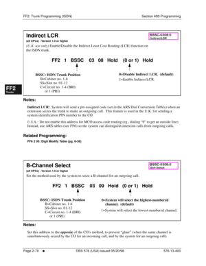 Page 318FF2: Trunk Programming (ISDN) Section 400-Programming
Page 2-70
     l     DBS 576 (USA) issued 05/20/98 576-13-400
FF1System
FF2Tr u n k s
FF3Extensions
FF4FF-/Soft Keys
FF5Groups
FF6TRS/ARS
0   System
Configuration
FF7Appl ications
FF8Maintenance Introduction
Appe ndix  A
Appe ndix  B
FF1System
FF2Tr u n k s
FF3Extensions
FF4FF-/Soft Keys
FF5Groups
FF6TRS/ARS
0   System
Configuration
FF7Appli cations
FF8Maintenance Introduction
Appe ndix A
Appe ndix B
         
Notes:
Indirect LCR:  System will send a...