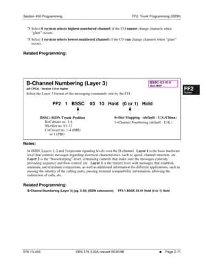 Page 319Section 400-Programming FF2: Trunk Programming (ISDN)
576-13-400 DBS 576 (USA) issued 05/20/98
     l     Page 2-71
FF1System
FF2Tr u n k s
FF3Extensions
FF4FF-/Soft Keys
FF5Groups
FF6TRS/ARS
0   System
Configuration
FF7Appl ications
FF8Maintenance Introduction
Appe ndix  A
Appe ndix  B
FF1System
FF2Tr u n k s
FF3Extensions
FF4FF-/Soft Keys
FF5Groups
FF6TRS/ARS
0   System
Configuration
FF7Appli cations
FF8Maintenance Introduction
Appe ndix A
Appe ndix B
rSelect 0 (system selects highest-numbered channel)...