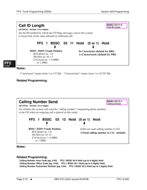 Page 320FF2: Trunk Programming (ISDN) Section 400-Programming
Page 2-72
     l     DBS 576 (USA) issued 05/20/98 576-13-400
FF1System
FF2Tr u n k s
FF3Extensions
FF4FF-/Soft Keys
FF5Groups
FF6TRS/ARS
0   System
Configuration
FF7Appl ications
FF8Maintenance Introduction
Appe ndix  A
Appe ndix  B
FF1System
FF2Tr u n k s
FF3Extensions
FF4FF-/Soft Keys
FF5Groups
FF6TRS/ARS
0   System
Configuration
FF7Appli cations
FF8Maintenance Introduction
Appe ndix A
Appe ndix B
        
Notes:
“1 byte/octet” rotates from 1 to...