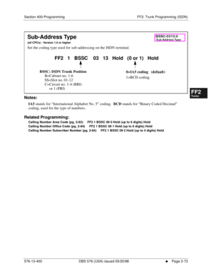 Page 321Section 400-Programming FF2: Trunk Programming (ISDN)
576-13-400 DBS 576 (USA) issued 05/20/98
     l     Page 2-73
FF1System
FF2Tr u n k s
FF3Extensions
FF4FF-/Soft Keys
FF5Groups
FF6TRS/ARS
0   System
Configuration
FF7Appl ications
FF8Maintenance Introduction
Appe ndix  A
Appe ndix  B
FF1System
FF2Tr u n k s
FF3Extensions
FF4FF-/Soft Keys
FF5Groups
FF6TRS/ARS
0   System
Configuration
FF7Appli cations
FF8Maintenance Introduction
Appe ndix A
Appe ndix B
       
Notes:
IA5 stands for “International...